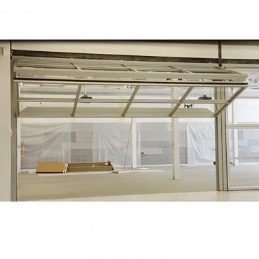 Puerta comercial de vidrio templado biplegada de elevación horizontal de doble panel compacto de energía hidráulica de aluminio