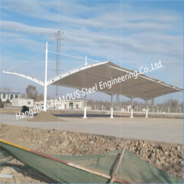 Metāla stiepes membrānas jumtu nojume PVDF buru materiāls Tērauda membrānas konstrukcija Autostāvvieta Saliekama garāža